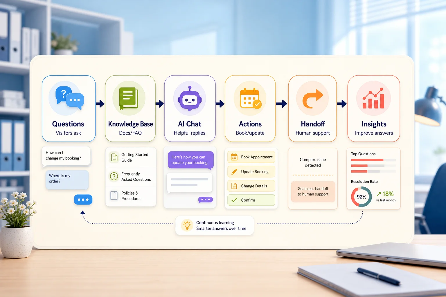 AI Chatbot Development workflow diagram over a blurred office background