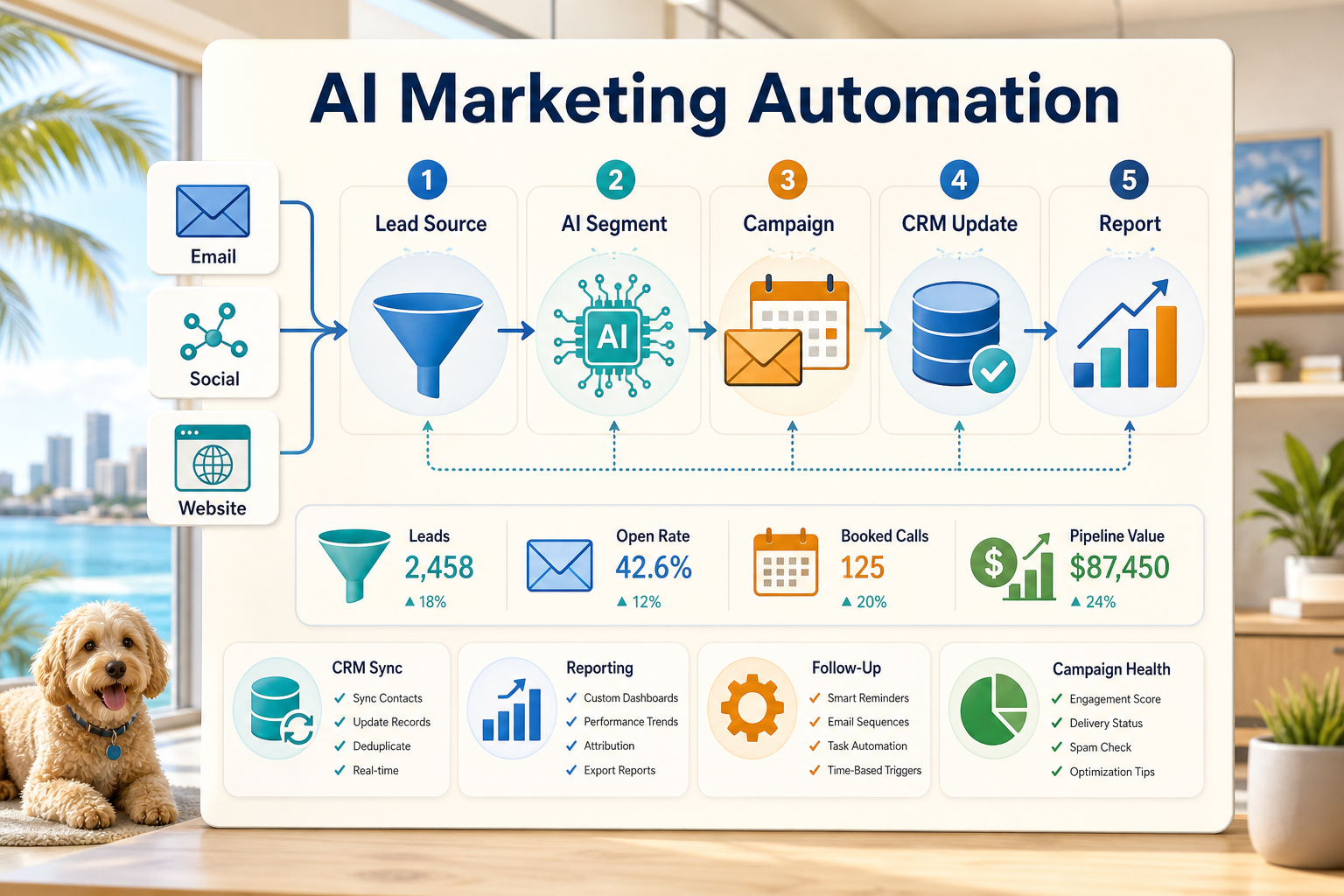 AI marketing automation workflow diagram with lead source, segmentation, campaign, CRM update, and reporting steps