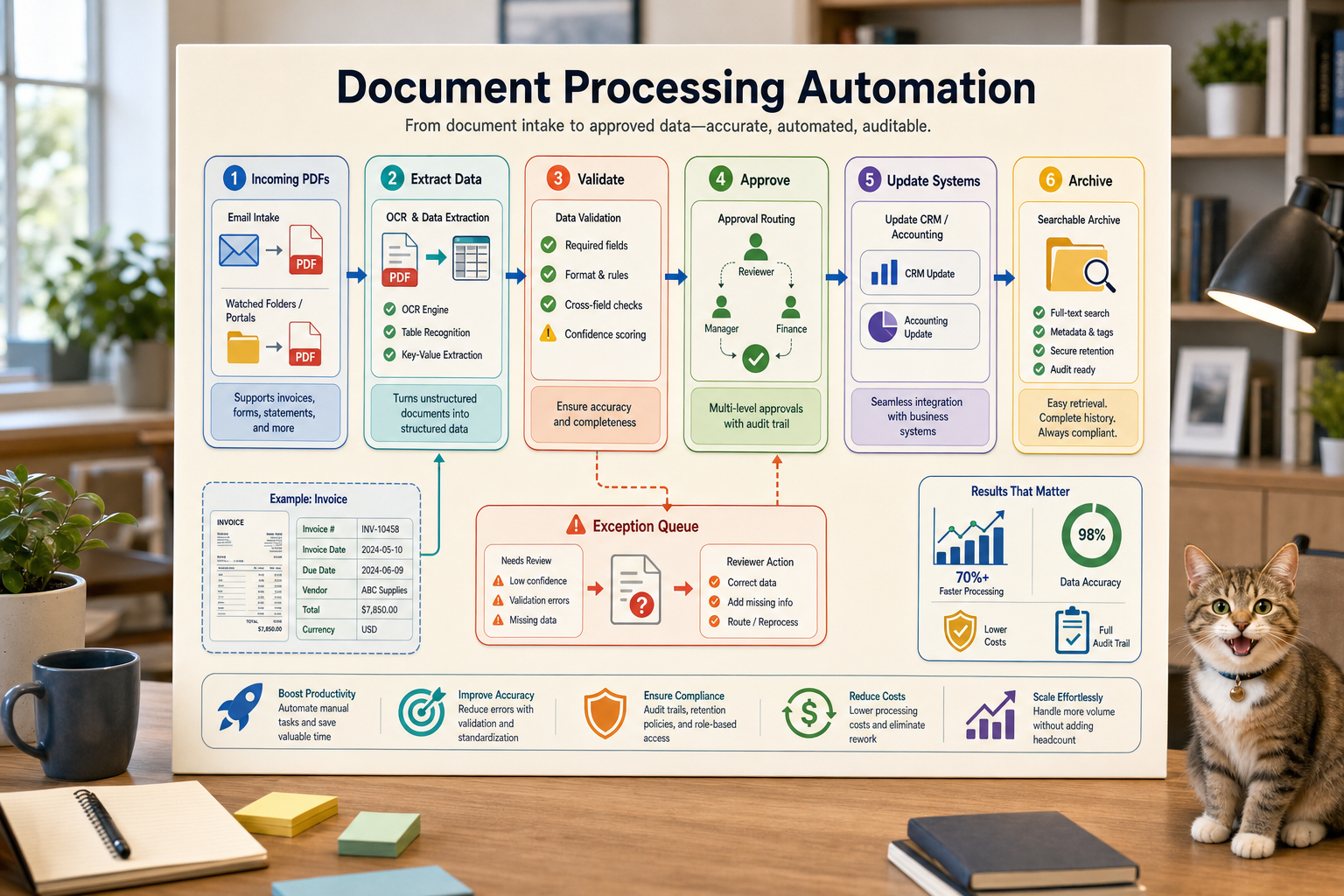 Document processing automation workflow showing PDF intake, data extraction, validation, approvals, system updates, archive, and exception queue