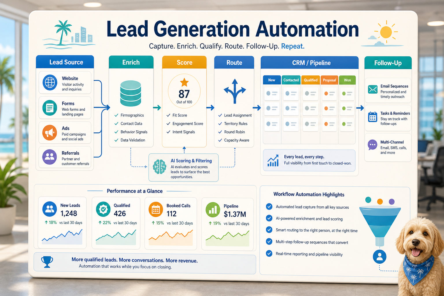 Lead generation automation workflow diagram showing lead source, enrichment, scoring, routing, follow-up, and KPI cards