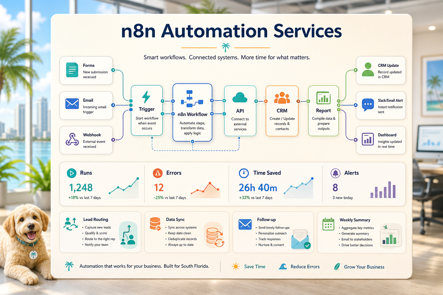 n8n automation services workflow diagram showing trigger, workflow, API, CRM, report, alerts, and KPI cards