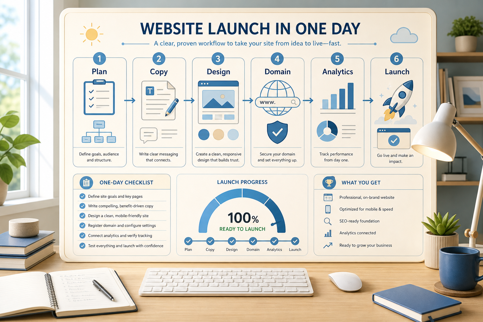 One day website launch workflow from planning to analytics and launch
