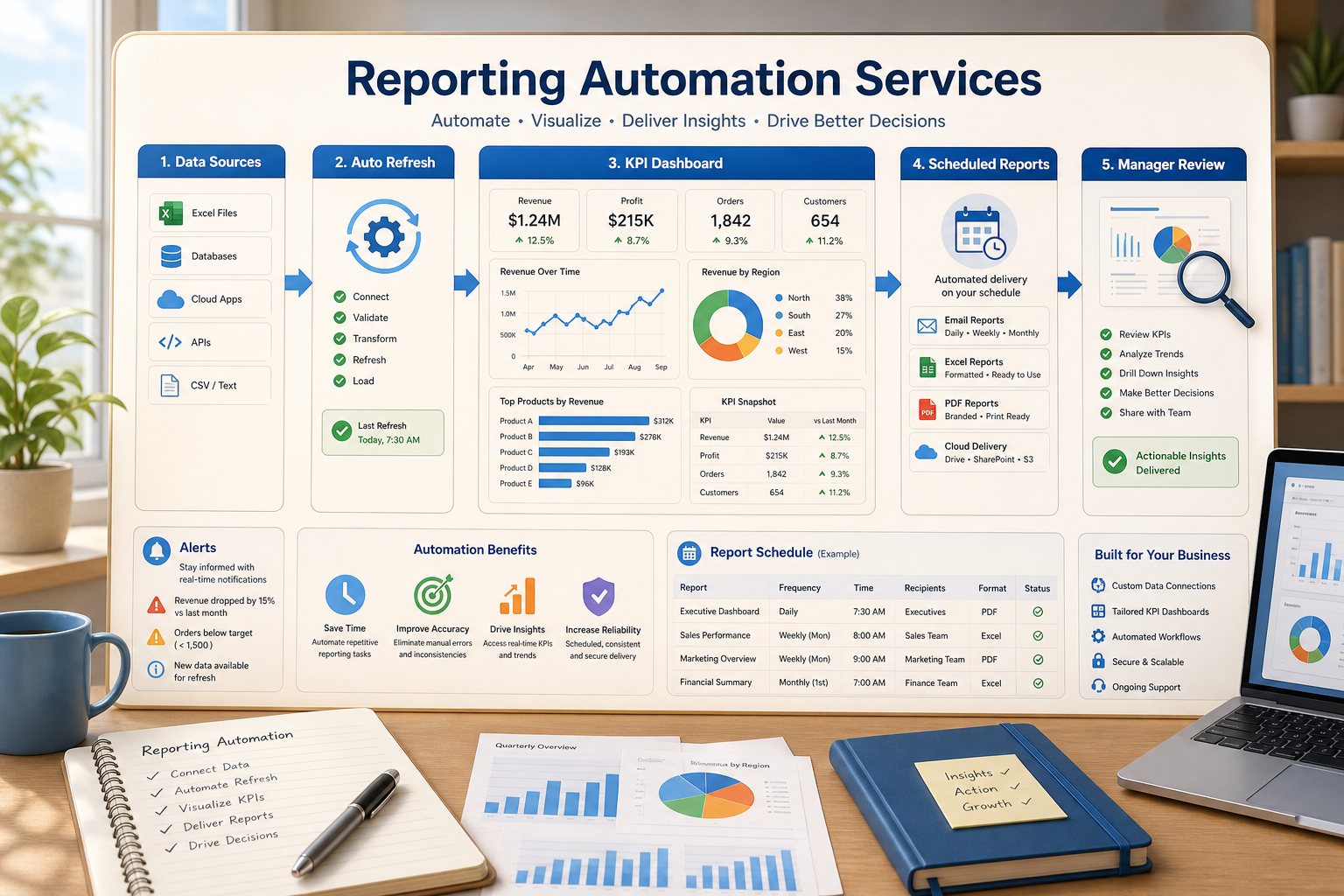 Reporting automation workflow showing data sources, KPI dashboard, scheduled reports, and review steps