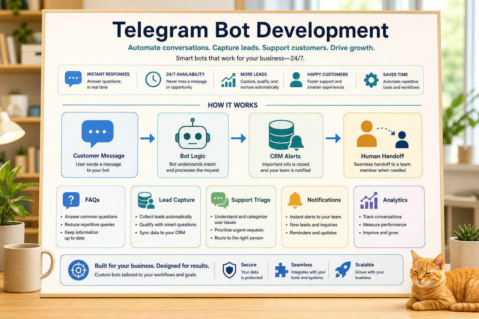 Telegram bot development workflow diagram showing messages, bot logic, CRM alerts, human handoff, and analytics