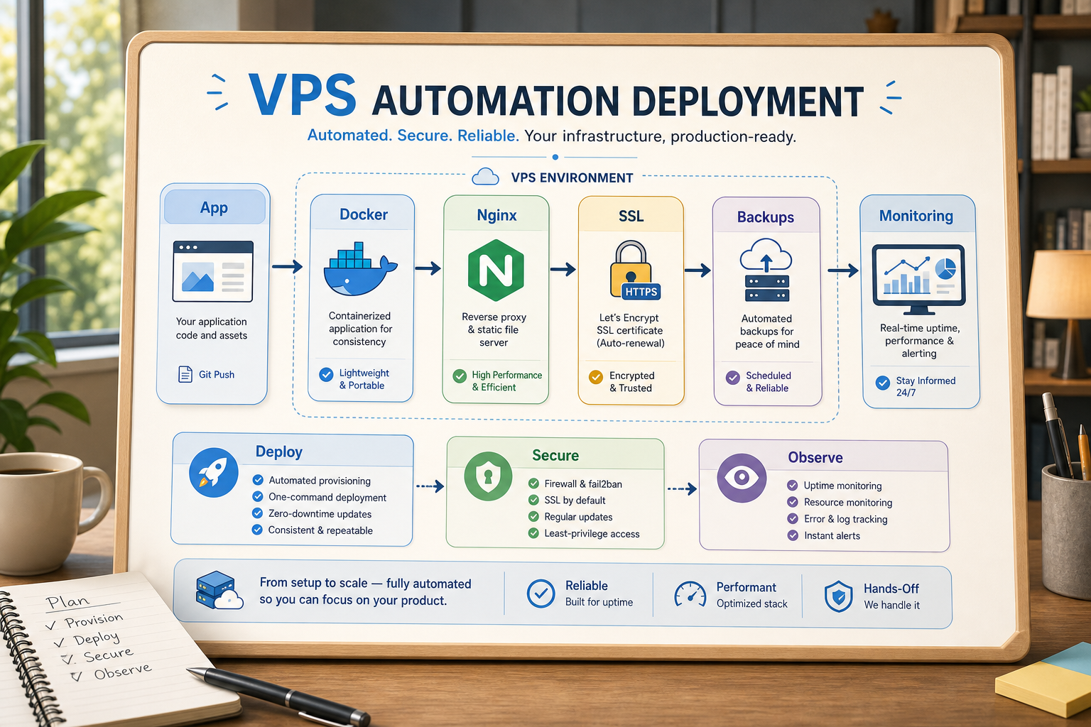 VPS automation deployment workflow showing Docker, Nginx, SSL, backups, and monitoring