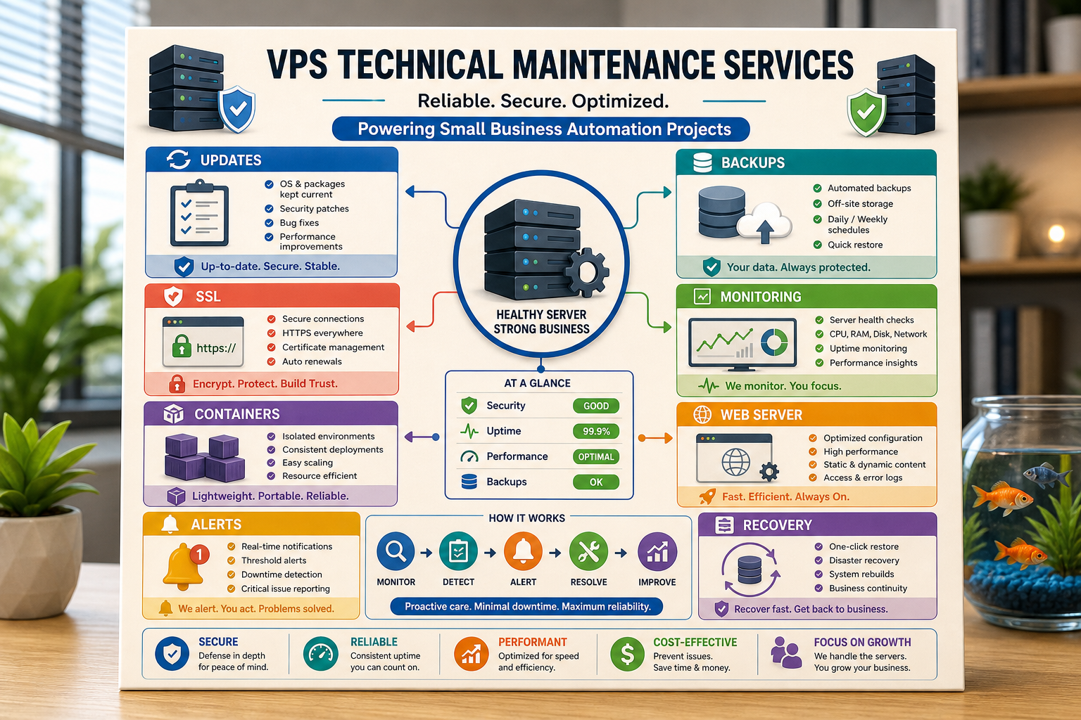 Colorful VPS technical maintenance infographic with updates, backups, SSL, monitoring, alerts, and recovery workflows