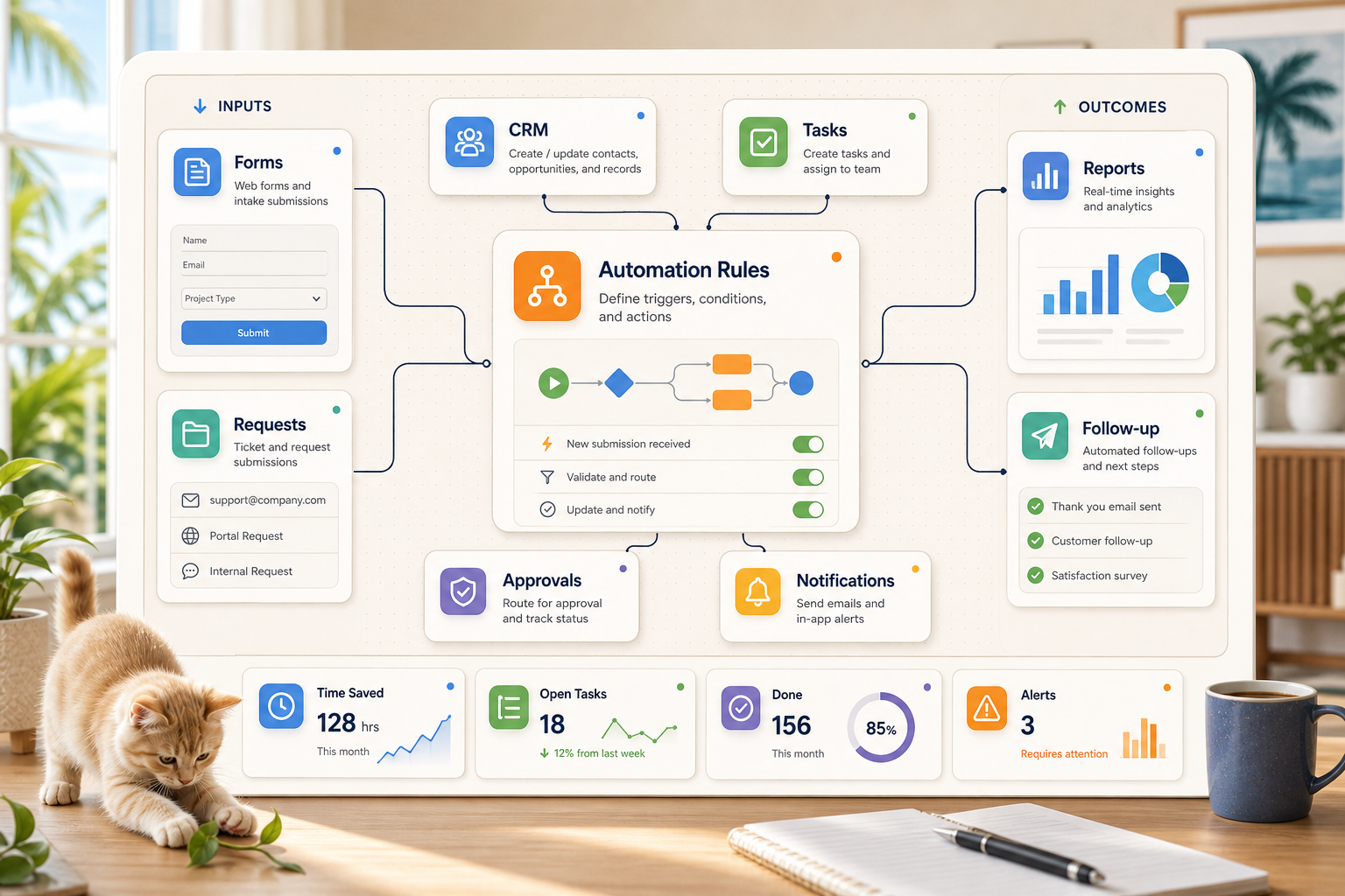 Workflow automation services diagram showing connected business workflow steps and KPI cards